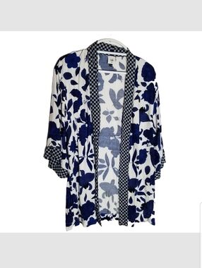 Cabi Kimono Top Women's XS/S White with Blue Florals Checks Open Front